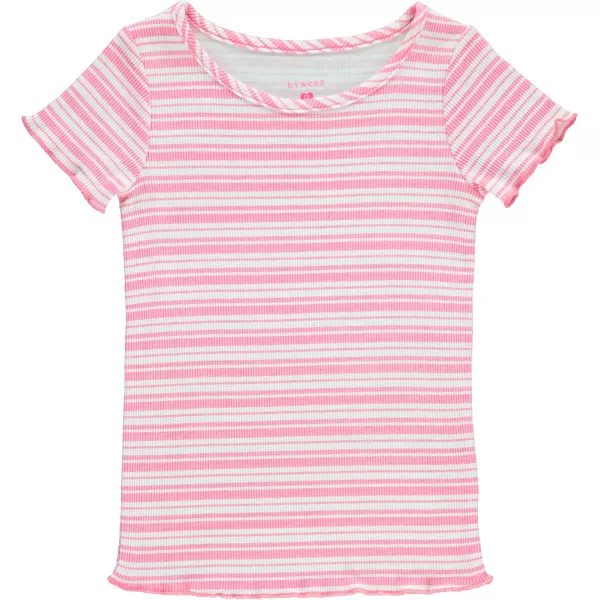 BTween 4-Pack Rib Knit Girls Tops - Short Sleeve Lettuce Trim Ribbed Girl Shirts - Stripe/Floral/Solid