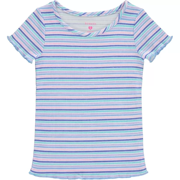 BTween 4-Pack Rib Knit Girls Tops - Short Sleeve Lettuce Trim Ribbed Girl Shirts - Stripe/Floral/Solid