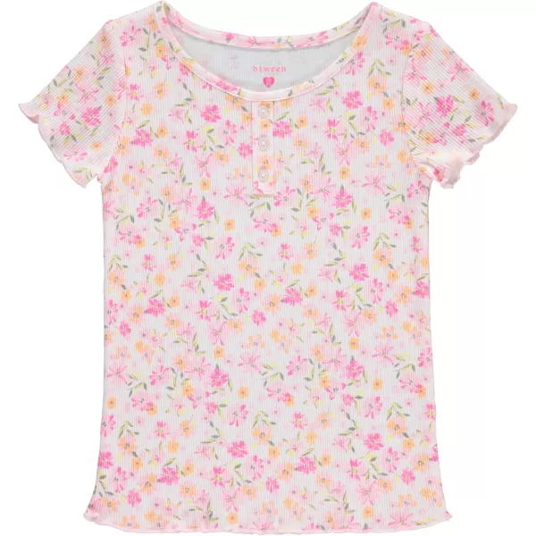 BTween 4-Pack Rib Knit Girls Tops - Short Sleeve Lettuce Trim Ribbed Girl Shirts - Stripe/Floral/Solid