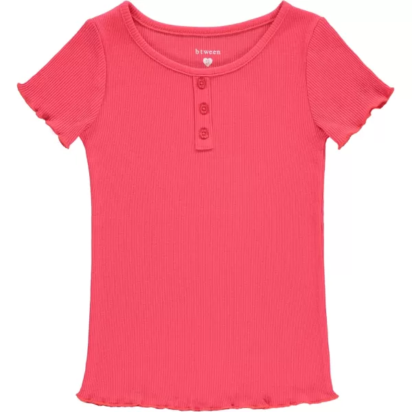BTween 4-Pack Rib Knit Girls Tops - Short Sleeve Lettuce Trim Ribbed Girl Shirts - Stripe/Floral/Solid