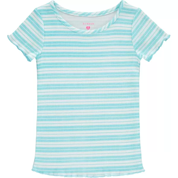 BTween 4-Pack Rib Knit Girls Tops - Short Sleeve Lettuce Trim Ribbed Girl Shirts - Stripe/Floral/Solid