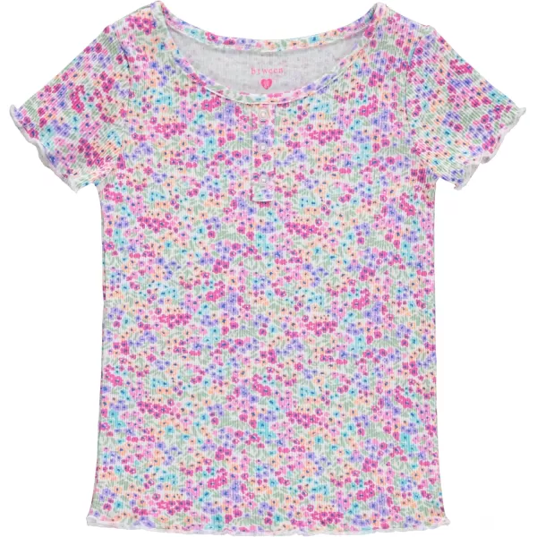 BTween 4-Pack Rib Knit Girls Tops - Short Sleeve Lettuce Trim Ribbed Girl Shirts - Stripe/Floral/Solid