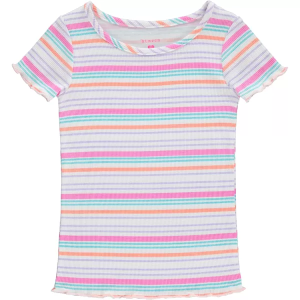 BTween 4-Pack Rib Knit Girls Tops - Short Sleeve Lettuce Trim Ribbed Girl Shirts - Stripe/Floral/Solid