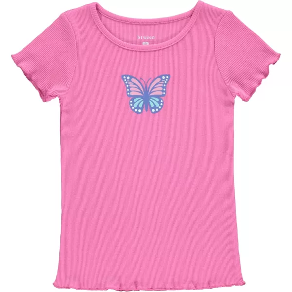 BTween 4-Pack Rib Knit Girls Tops - Short Sleeve Lettuce Trim Ribbed Girl Shirts - Stripe/Floral/Solid