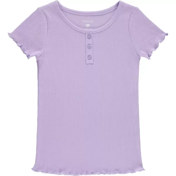 BTween 4-Pack Rib Knit Girls Tops - Short Sleeve Lettuce Trim Ribbed Girl Shirts - Stripe/Floral/Solid