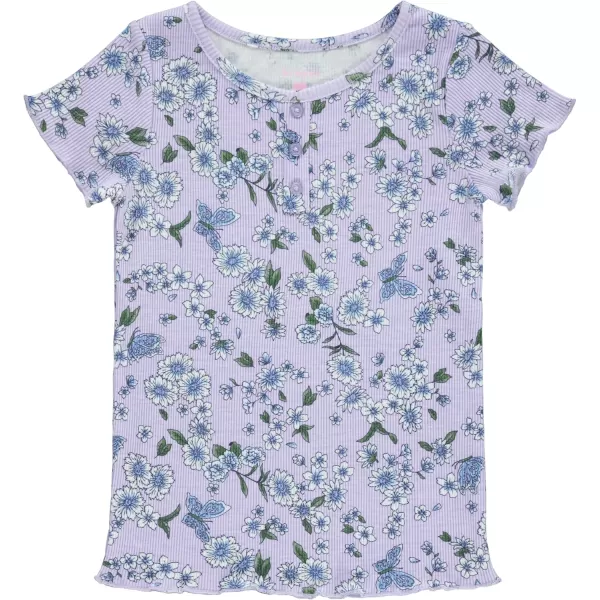BTween 4-Pack Rib Knit Girls Tops - Short Sleeve Lettuce Trim Ribbed Girl Shirts - Stripe/Floral/Solid