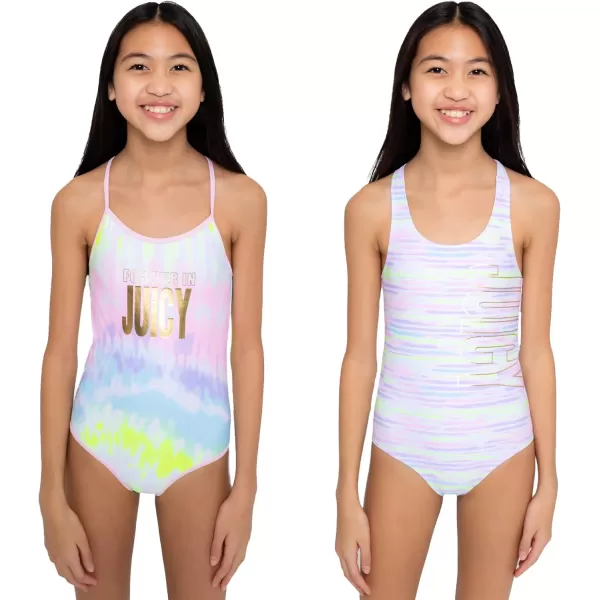 Juicy Couture Girls 2 Pack One Piece Swimsuit Set, Kids Bathing Suit Swimwear, Cute Ombre/Tie Dye/Tropical Print Beach Wear