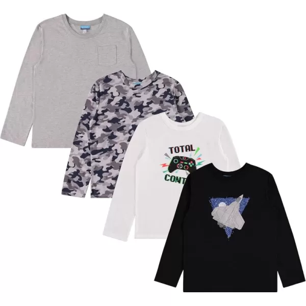 4-Pack Long Sleeve Shirts for Boys, Kids Cotton Blend Plain/Printed Tshirts, Full Sleeved Crewneck Tees