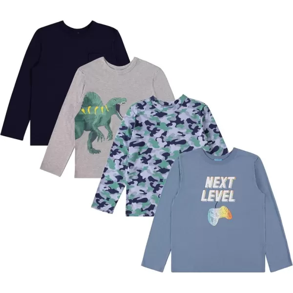 4-Pack Long Sleeve Shirts for Boys, Kids Cotton Blend Plain/Printed Tshirts, Full Sleeved Crewneck Tees