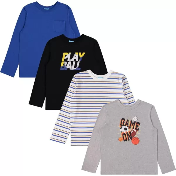 4-Pack Long Sleeve Shirts for Boys, Kids Cotton Blend Plain/Printed Tshirts, Full Sleeved Crewneck Tees
