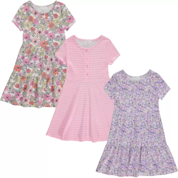 BTween 3-PC Girls Summer Dress Set - Short Sleeve Casual Skater Dresses with Stripe &amp; Floral Print