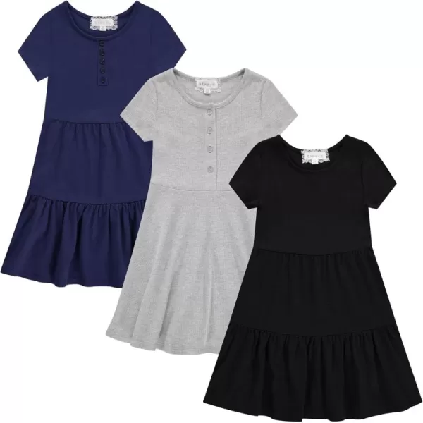 BTween 3-PC Girls Summer Dress Set - Short Sleeve Casual Skater Dresses with Stripe &amp; Floral Print