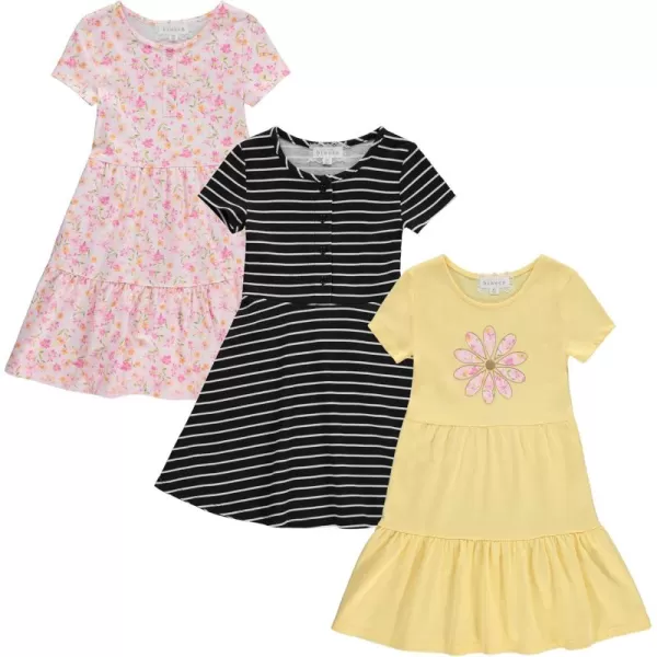 BTween 3-PC Girls Summer Dress Set - Short Sleeve Casual Skater Dresses with Stripe &amp; Floral Print