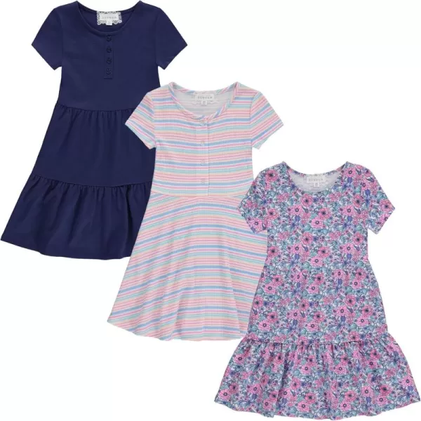 BTween 3-PC Girls Summer Dress Set - Short Sleeve Casual Skater Dresses with Stripe &amp; Floral Print