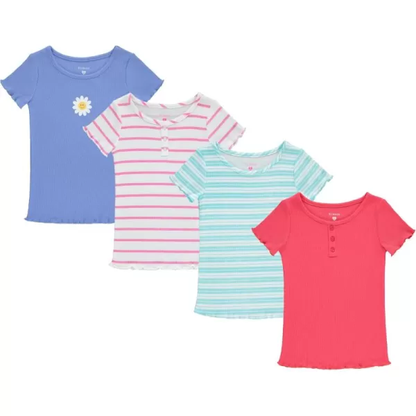 BTween 4-Pack Rib Knit Girls Tops - Short Sleeve Lettuce Trim Ribbed Girl Shirts - Stripe/Floral/Solid