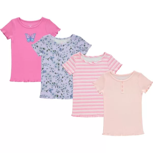 BTween 4-Pack Rib Knit Girls Tops - Short Sleeve Lettuce Trim Ribbed Girl Shirts - Stripe/Floral/Solid