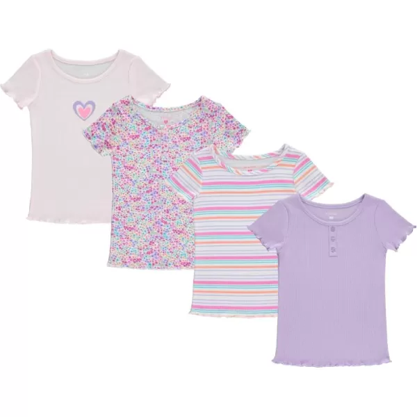 BTween 4-Pack Rib Knit Girls Tops - Short Sleeve Lettuce Trim Ribbed Girl Shirts - Stripe/Floral/Solid