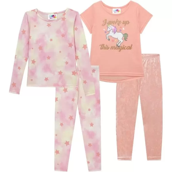 BTween 4-Piece Girls' Sleepwear, Girls Pajamas with Long and Short Sleeve Shirts