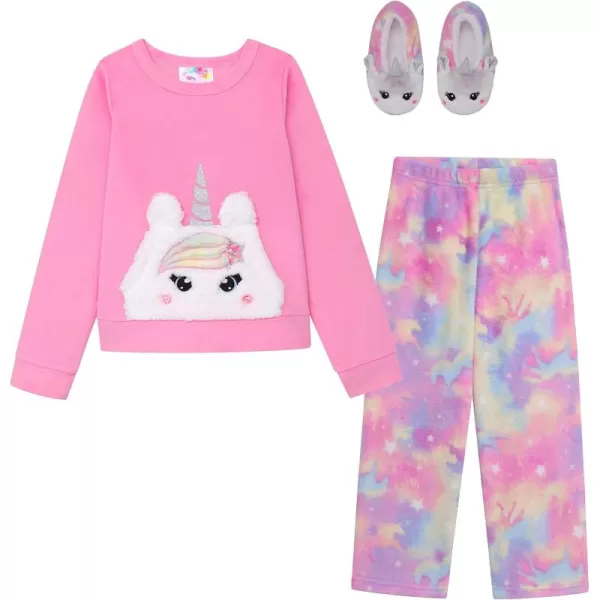 BTween Girls’ 3 Pack Sleepwear Set, Llamacorn Sweater and Slip-ons with Rainbow Velour Pajama Bottoms