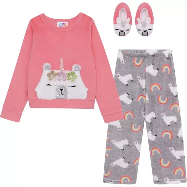 BTween Girls’ 3 Pack Sleepwear Set, Llamacorn Sweater and Slip-ons with Rainbow Velour Pajama Bottoms