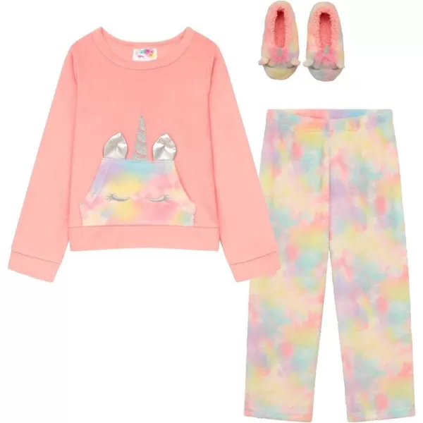 BTween Girls’ 3 Pack Sleepwear Set, Llamacorn Sweater and Slip-ons with Rainbow Velour Pajama Bottoms