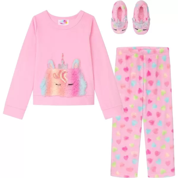 BTween Girls’ 3 Pack Sleepwear Set, Llamacorn Sweater and Slip-ons with Rainbow Velour Pajama Bottoms
