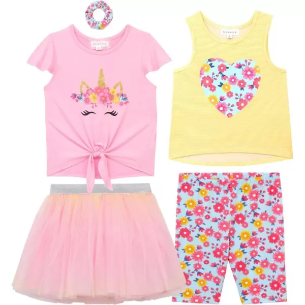 BTween Girls 4 Pack Floral Fashion Summer Clothes Set - Tutu Skirt Tank Top Short Sleeve and Biker Shorts