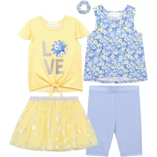 BTween Girls 4 Pack Floral Fashion Summer Clothes Set - Tutu Skirt Tank Top Short Sleeve and Biker Shorts