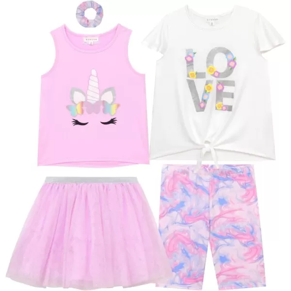 BTween Girls 4 Pack Floral Fashion Summer Clothes Set - Tutu Skirt Tank Top Short Sleeve and Biker Shorts
