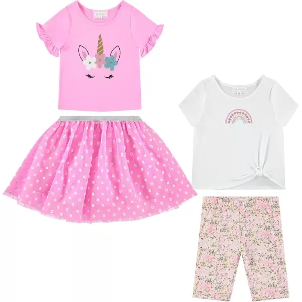 BTween Girls 4 Pack Floral Fashion Summer Clothes Set - Tutu Skirt Tank Top Short Sleeve and Biker Shorts