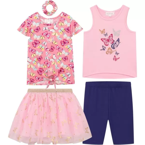 BTween Girls 4 Pack Floral Fashion Summer Clothes Set - Tutu Skirt Tank Top Short Sleeve and Biker Shorts