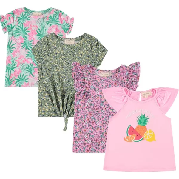 BTween Girls 4pc Fashion Tops, Short Sleeve T-Shirt, Casual Daily Shirt for Kids - Assorted Colors