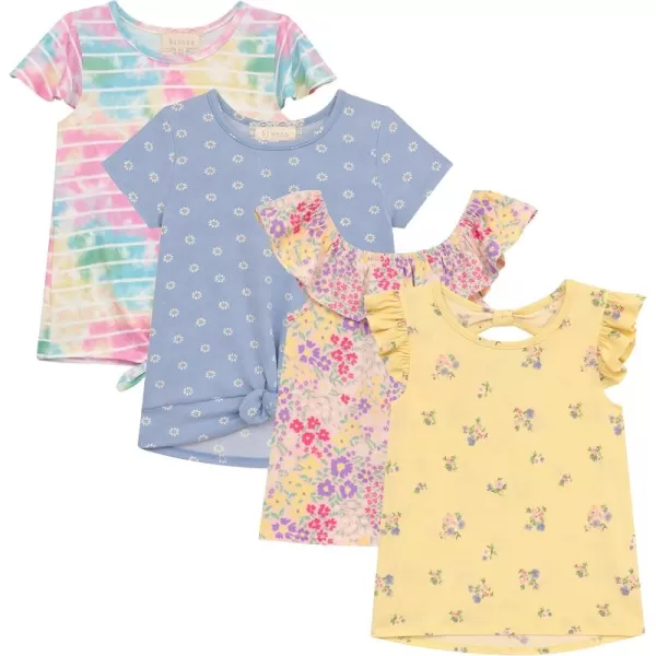 BTween Girls 4pc Fashion Tops, Short Sleeve T-Shirt, Casual Daily Shirt for Kids - Assorted Colors