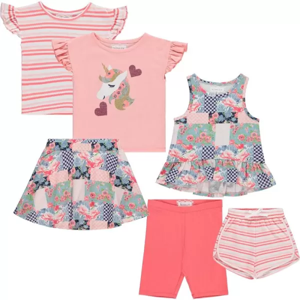 BTween Girls 6-Pack Casual Outfit Bundle with Ruffle Sleeve Tees, Peplum Tank Top, Skirt, Dolphin and Biker Shorts