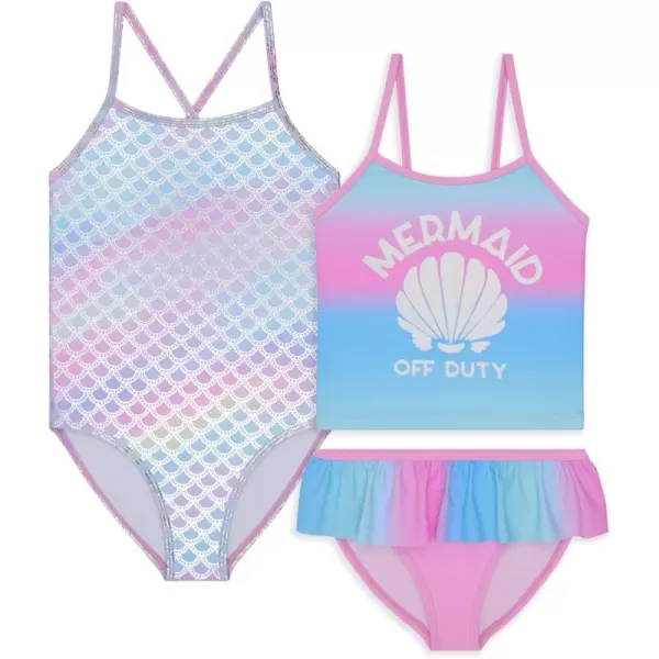 BTween Girls One Piece Bathing Suit &amp; 2-pc Tankini Swimsuit Set, Kids Cute Swimwear - Mermaid, Rainbow, Unicorn or Butterfly