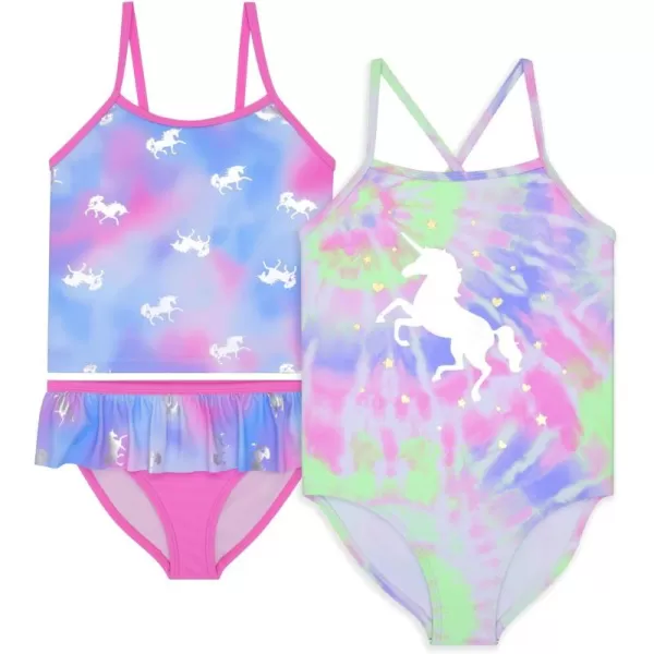 BTween Girls One Piece Bathing Suit &amp; 2-pc Tankini Swimsuit Set, Kids Cute Swimwear - Mermaid, Rainbow, Unicorn or Butterfly