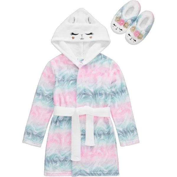 BTween Hooded Terry Robe with Slippers Set for Girls, Unicorn Heart Plush Fleece Robe and Matching Slip-Ons