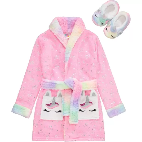 BTween Hooded Terry Robe with Slippers Set for Girls, Unicorn Heart Plush Fleece Robe and Matching Slip-Ons
