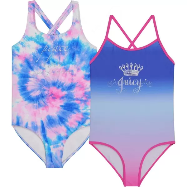 Juicy Couture Girls 2 Pack One Piece Swimsuit Set, Kids Bathing Suit Swimwear, Cute Ombre/Tie Dye/Tropical Print Beach Wear