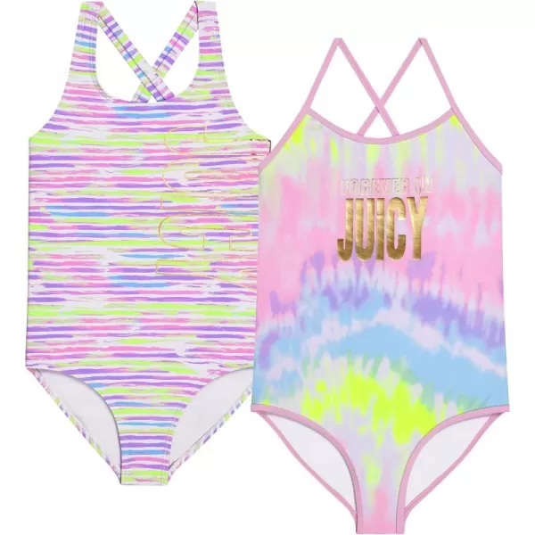 Juicy Couture Girls 2 Pack One Piece Swimsuit Set, Kids Bathing Suit Swimwear, Cute Ombre/Tie Dye/Tropical Print Beach Wear