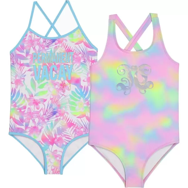Juicy Couture Girls 2 Pack One Piece Swimsuit Set, Kids Bathing Suit Swimwear, Cute Ombre/Tie Dye/Tropical Print Beach Wear