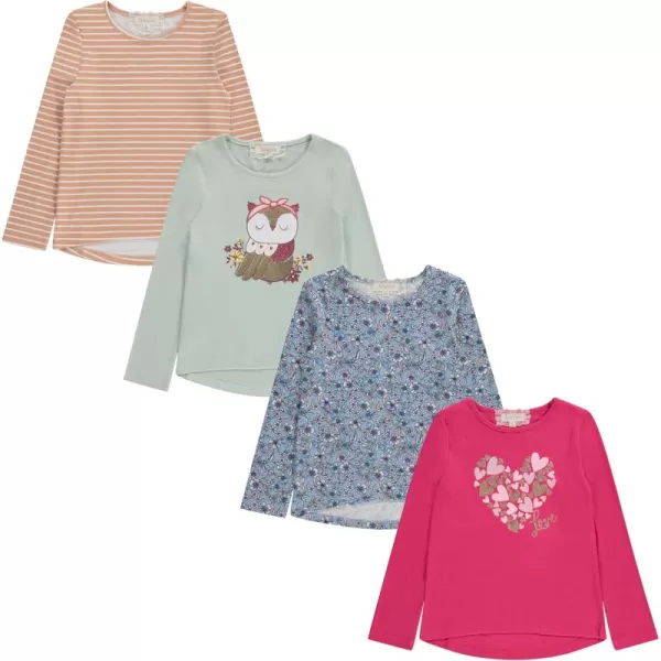 Girls Long Sleeve Fall Graphic Tops, School &amp; Sports Tees, 4 Pack Multiple Pattern Tshirts