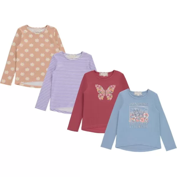 Girls Long Sleeve Fall Graphic Tops, School &amp; Sports Tees, 4 Pack Multiple Pattern Tshirts