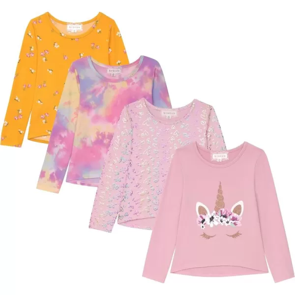 Girls Long Sleeve Fall Graphic Tops, School &amp; Sports Tees, 4 Pack Multiple Pattern Tshirts