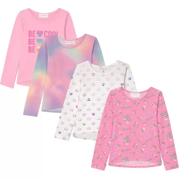 Girls Long Sleeve Fall Graphic Tops, School &amp; Sports Tees, 4 Pack Multiple Pattern Tshirts