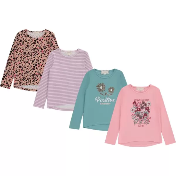 Girls Long Sleeve Fall Graphic Tops, School &amp; Sports Tees, 4 Pack Multiple Pattern Tshirts