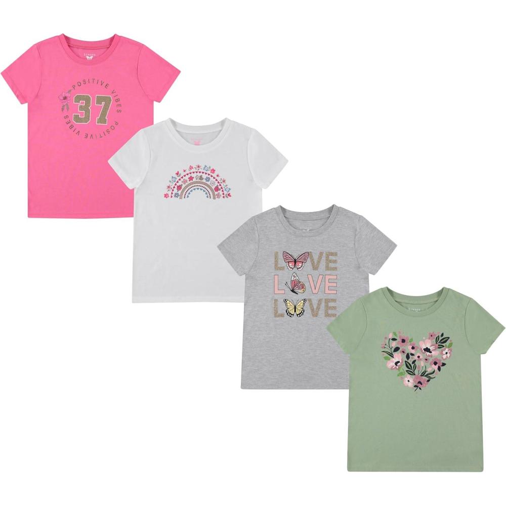 imageBTween Girls 4 Piece Tops Fashionable Short Sleeve TShirt Casual Daily Shirt for Kids Assorted ColorsAzpnk 1