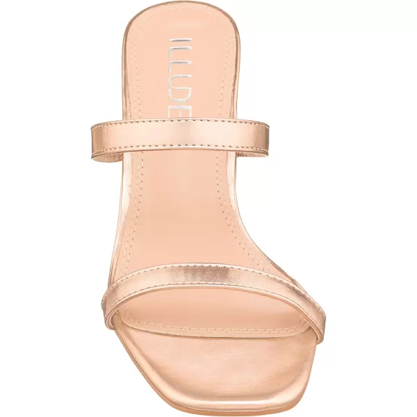 ILLUDE Womens Block Heel Double Band Square Toe Heeled Sandal Slip On Mule  LisaRose Gold Pu
