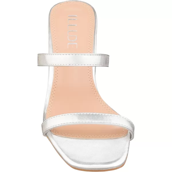 ILLUDE Womens Block Heel Double Band Square Toe Heeled Sandal Slip On Mule  LisaSilver Pu