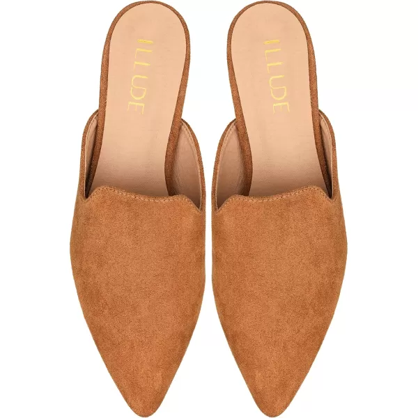 ILLUDE Womens Flat Mules Pointed Toe Backless Slip on Slides Loafer ShoesCaramel Suede